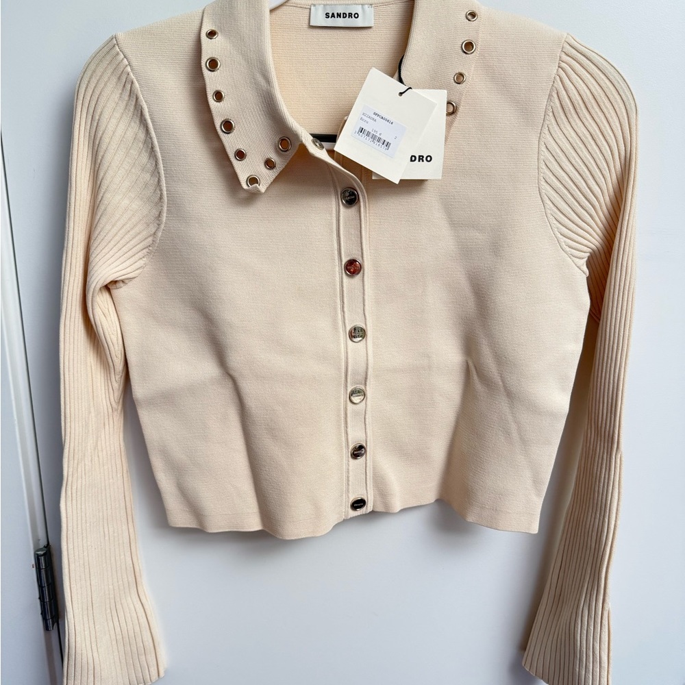 Sandro Cream Cropped Cardigan with Ribbed Sleeves - Picture 4 of 9